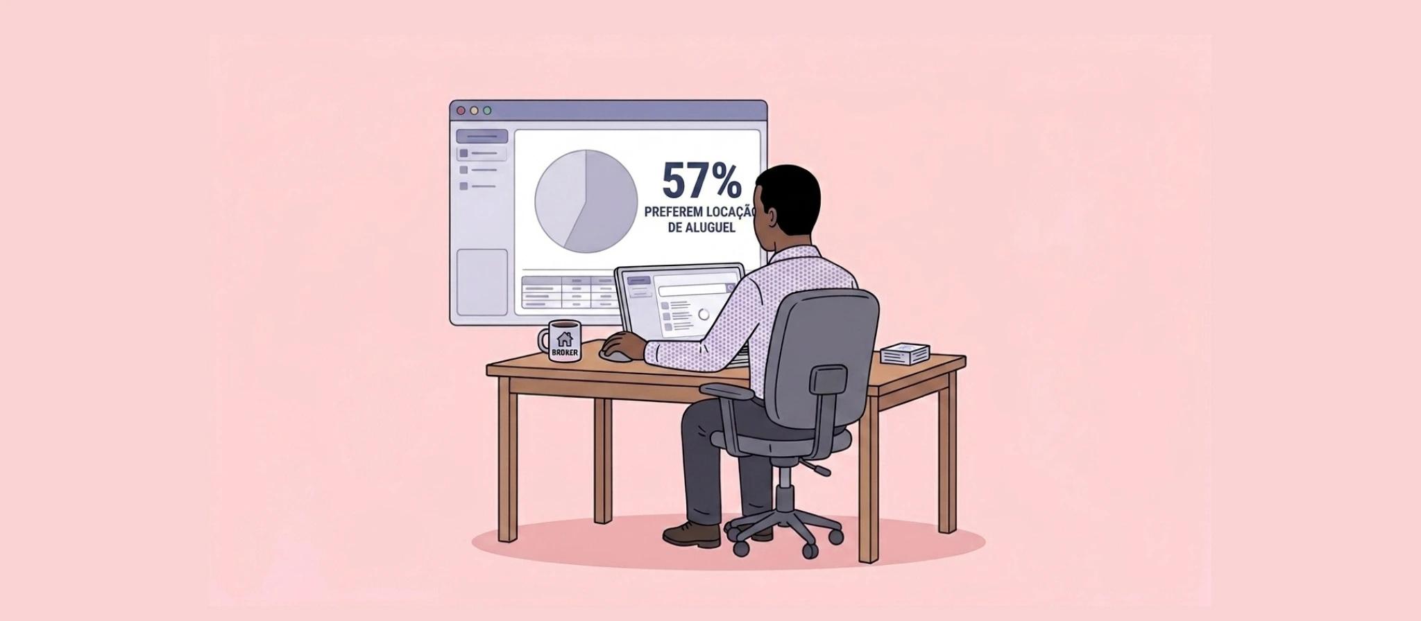 Homem sentado à mesa vendo gráfico sobre caução de aluguel ser a preferência dos inquilinos Homem sentado à mesa vendo gráfico sobre caução de aluguel ser a preferência dos inquilinos