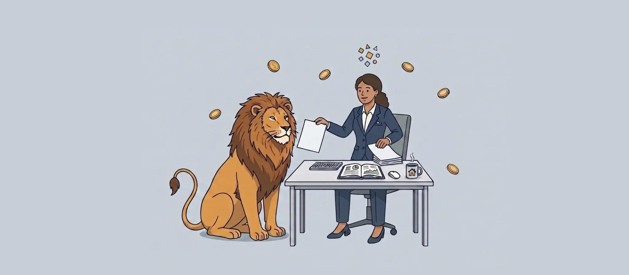 ilustração de corretora de imóveis sentada em sua mesa, fazendo a declaração do imposto de renda 2026 para um leão