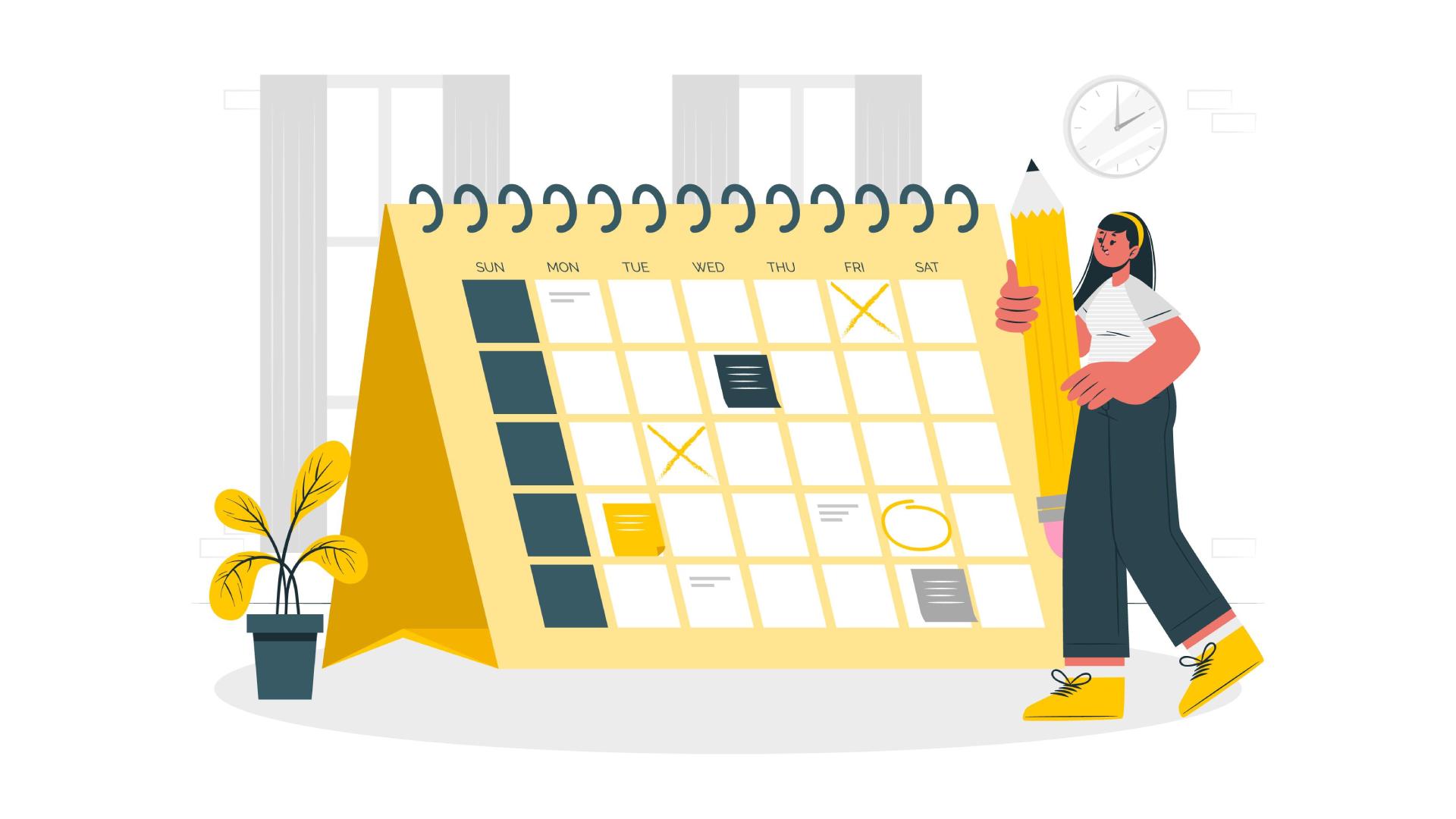 Ilustração de personagem facilitando visistas no calendário par aalugar rápido