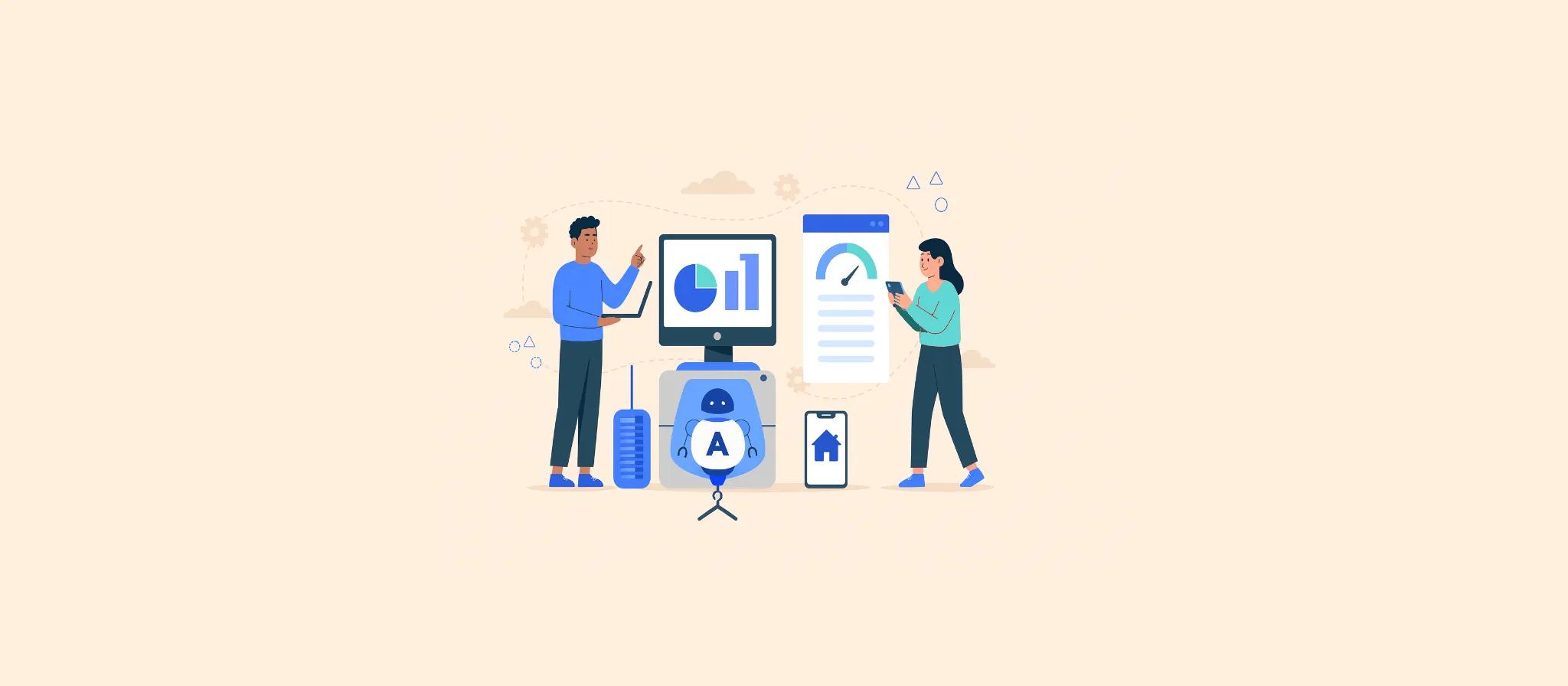 inteligência artificail para correotres de imóveis e inteligência artifical para imobiliárias trabalhando em conjunto com personagens 2D