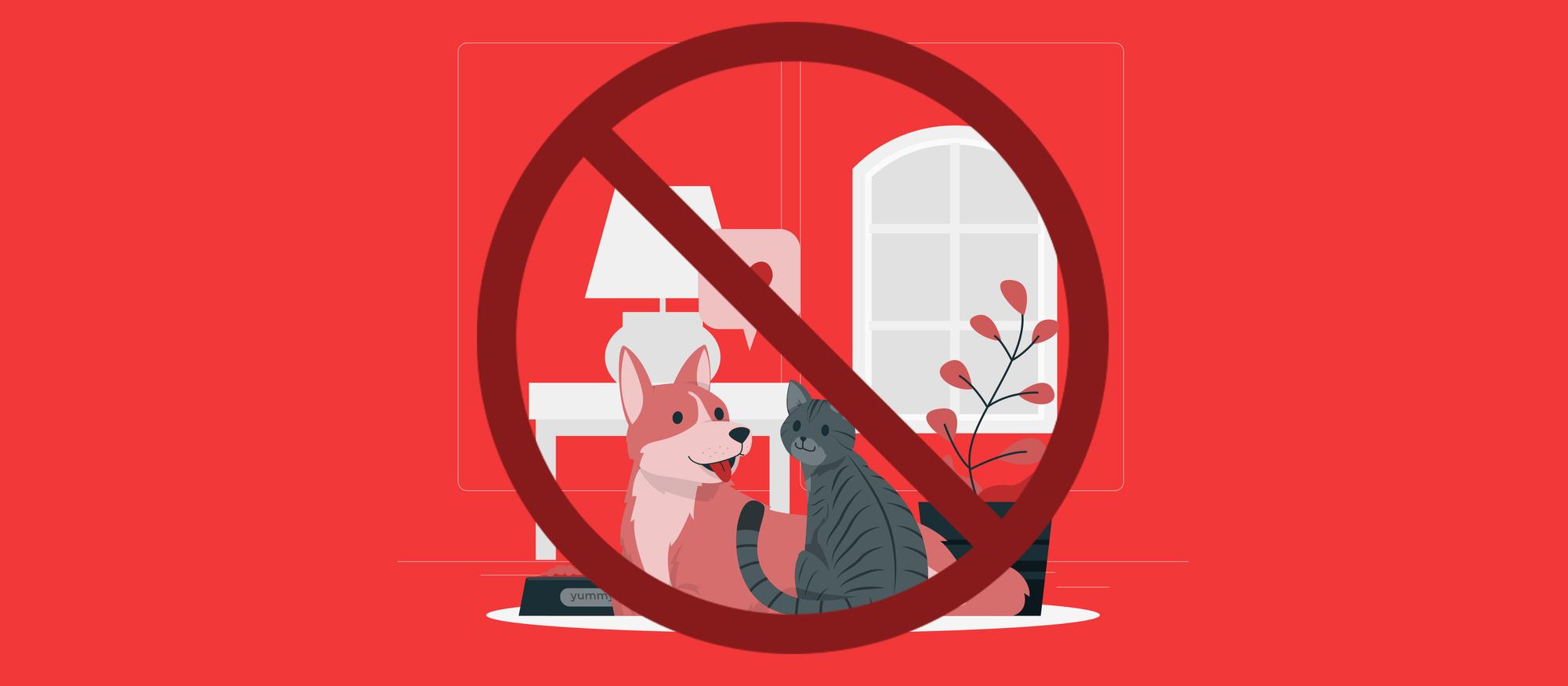 simbolo de "proibido" sobre ilustração de animais representando a pergunta: Locador pode proibir animais-no imóvel alugado? 