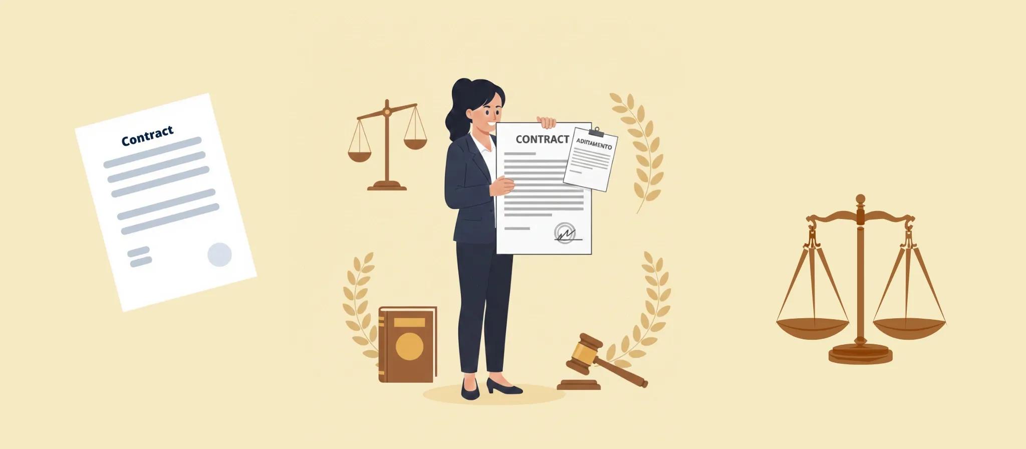 Ilustração de personagem corretor segurando um termo aditivo de contrato de aluguel