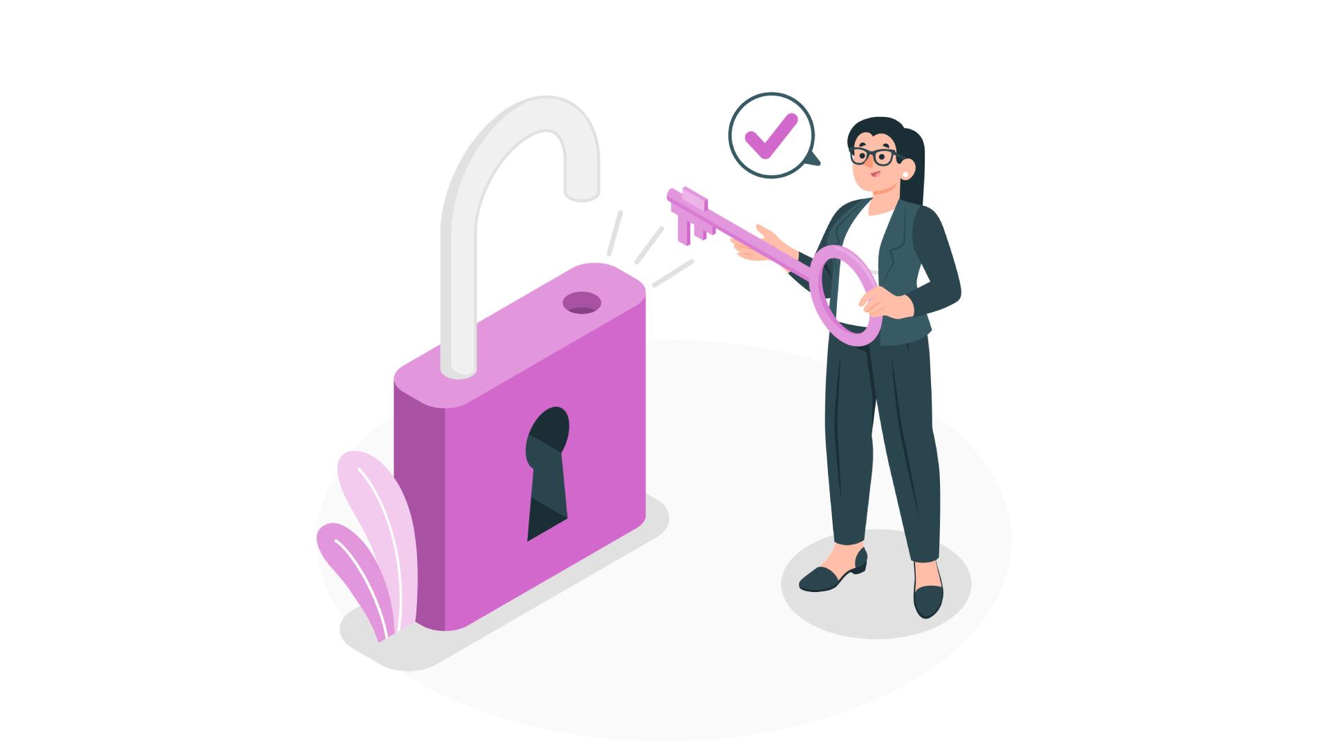 ilustração de personagem feliz com a chave na mão depois de destravar sua imobiliária com uma gestão automatizada