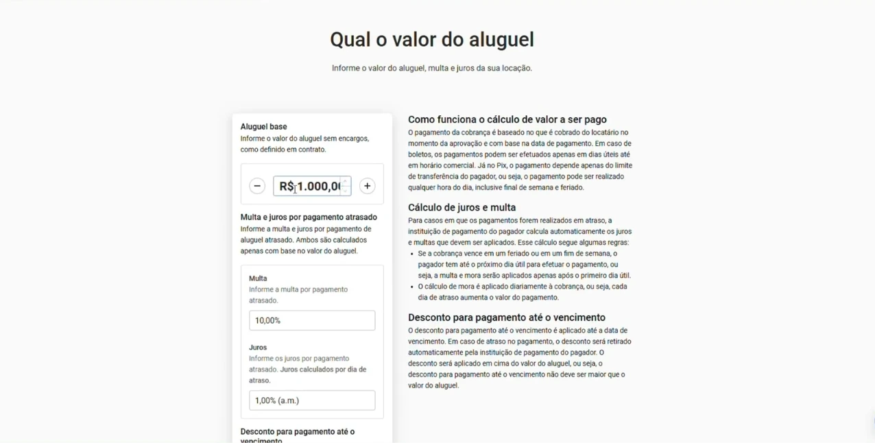 captura de tela do 8º passo para cadastrar uma locação na automação para imobilliárias da Alude. valores do aluguel e a porcentagem da comissão, margem de reajuste etc