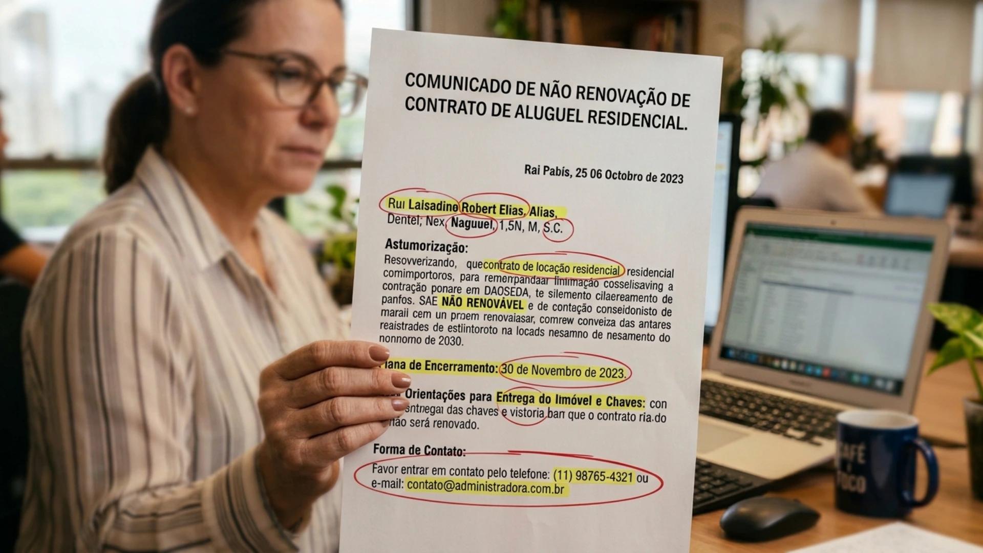 Comunicado de não renovação de contrato de aluguel residencial com os detalhes em destaques
