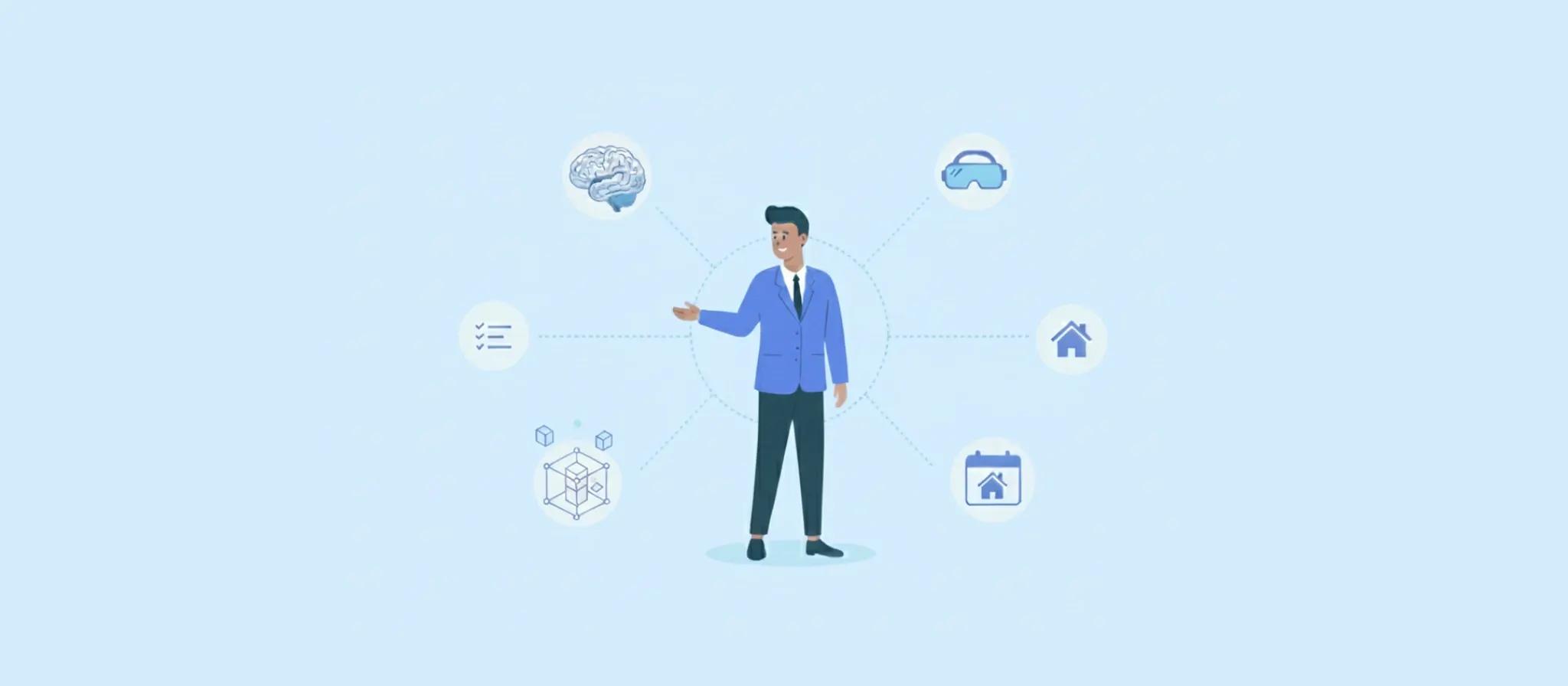 ilustração de personagem ceercado por icones que representam as tecnologias do merado imobiliário 