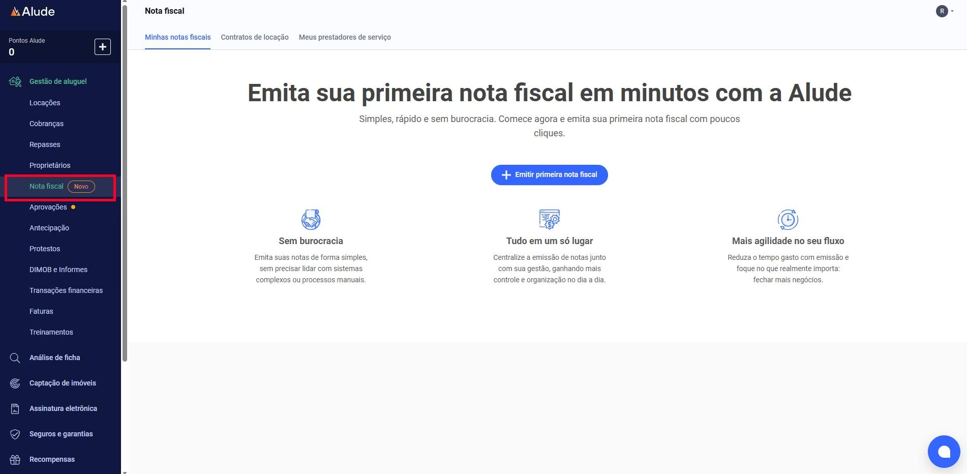 captura de tela de como fazer a emissão de nota fiscal eletrônica para imobiliárias com o sistema Alude