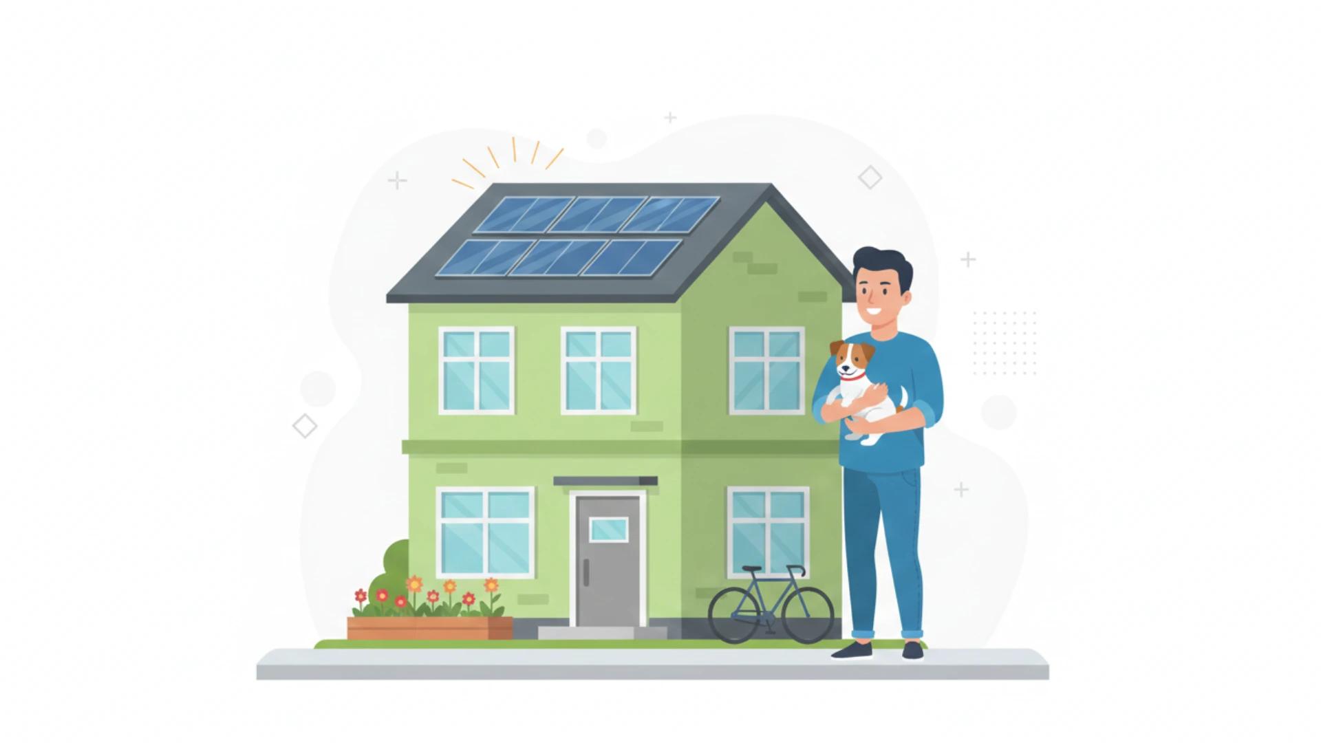 ilustração de personagem em frente ao seu novo imóvel pet-friedly com cachorrinho no colo