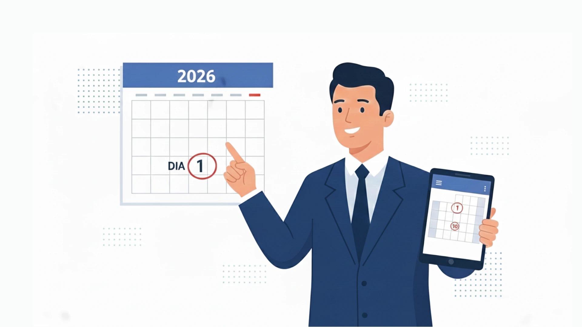 ilustração de corretor apontando para a data que o CIB começa a valer no calendário 
