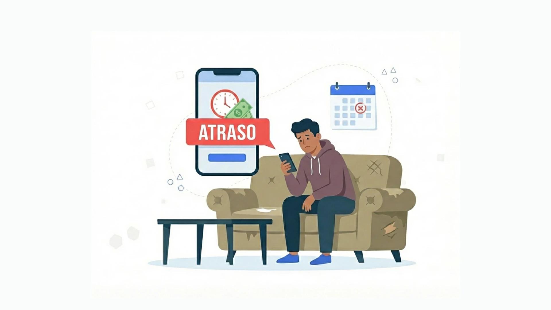ilustração de personagem sentado no sofá com olhar chateado enquanto segura o celular com aviso de aluguel atrasado