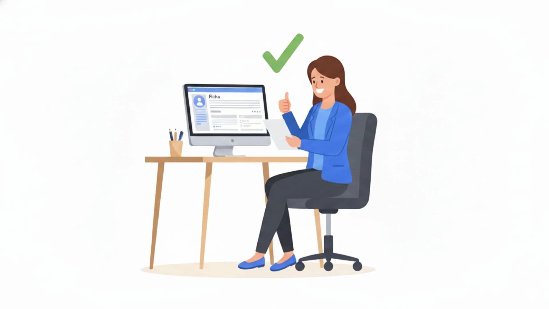 ilustração de personagem corretora sentada em sua escrivaninha olhando para uma tela de análise de ficha de candidato com sinal de aprovação para um contrato de locação