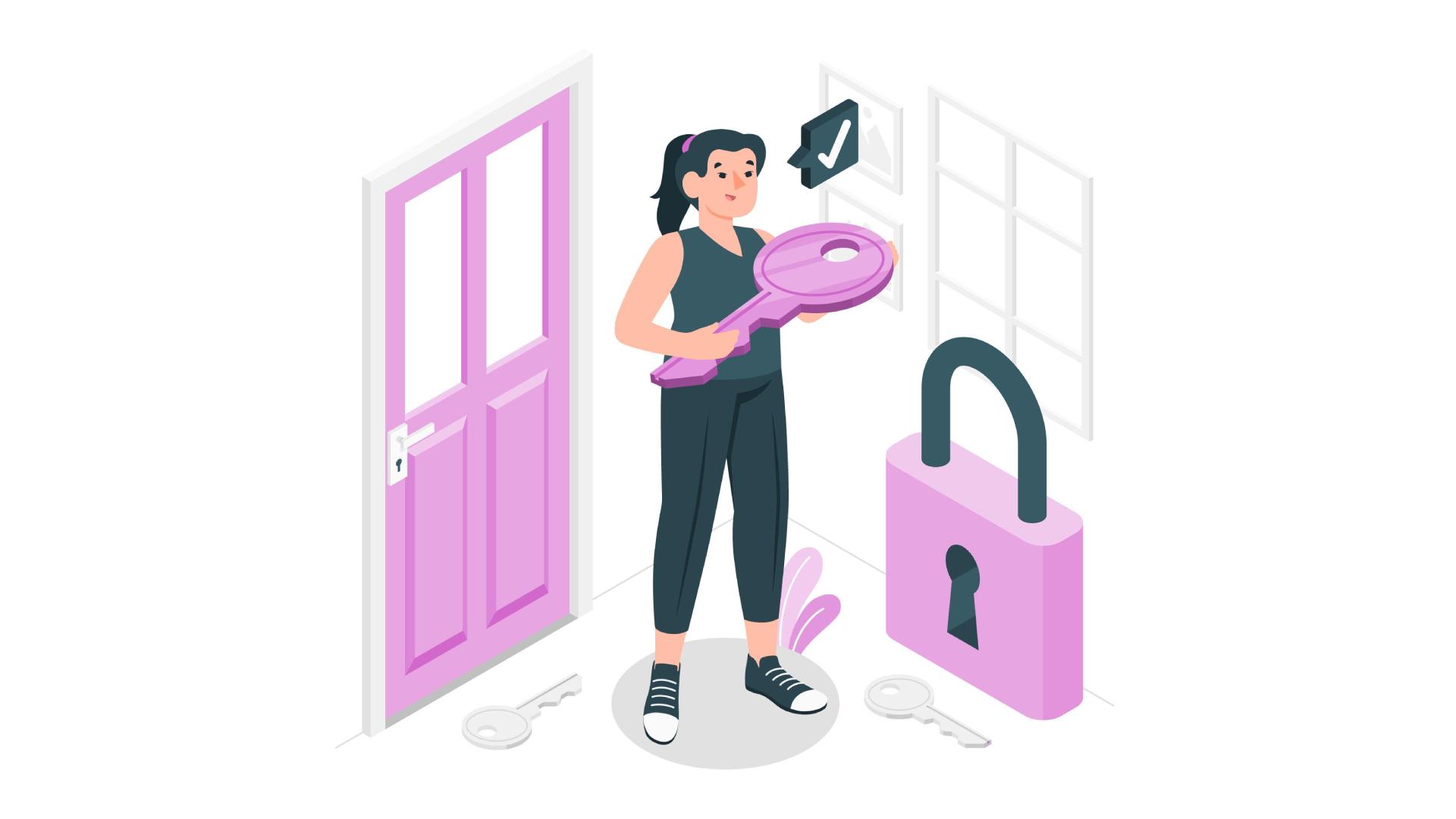 Ilustração de personagem encontrando a chave certa para a fechadura no seu controle de chaves