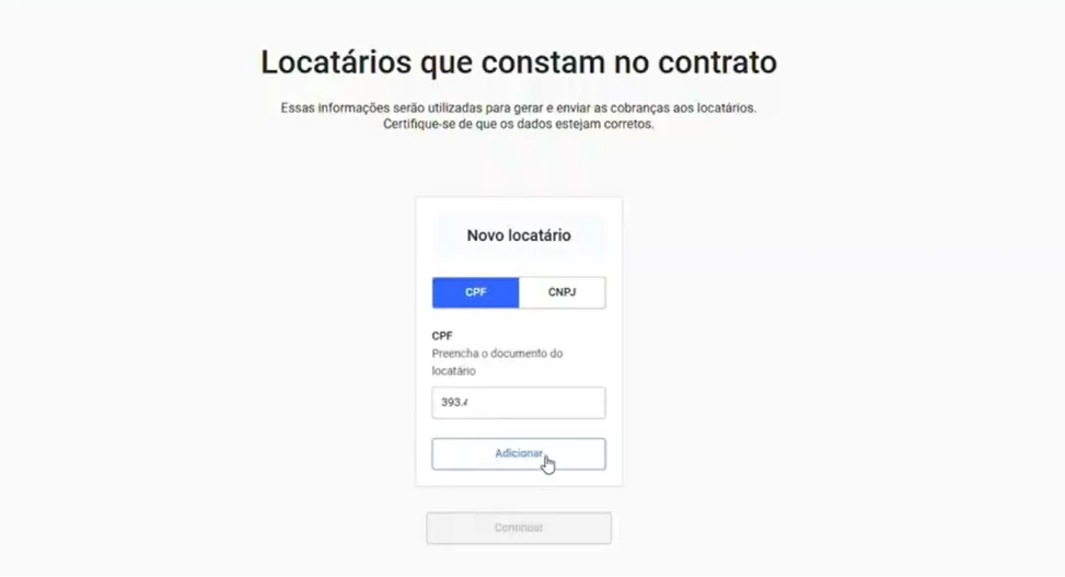 captura de tela do 4º passo para cadastrar uima locação na automação para imobiliárias da Alude. Insira os dados do locatário, como CPF, email, telefone etc