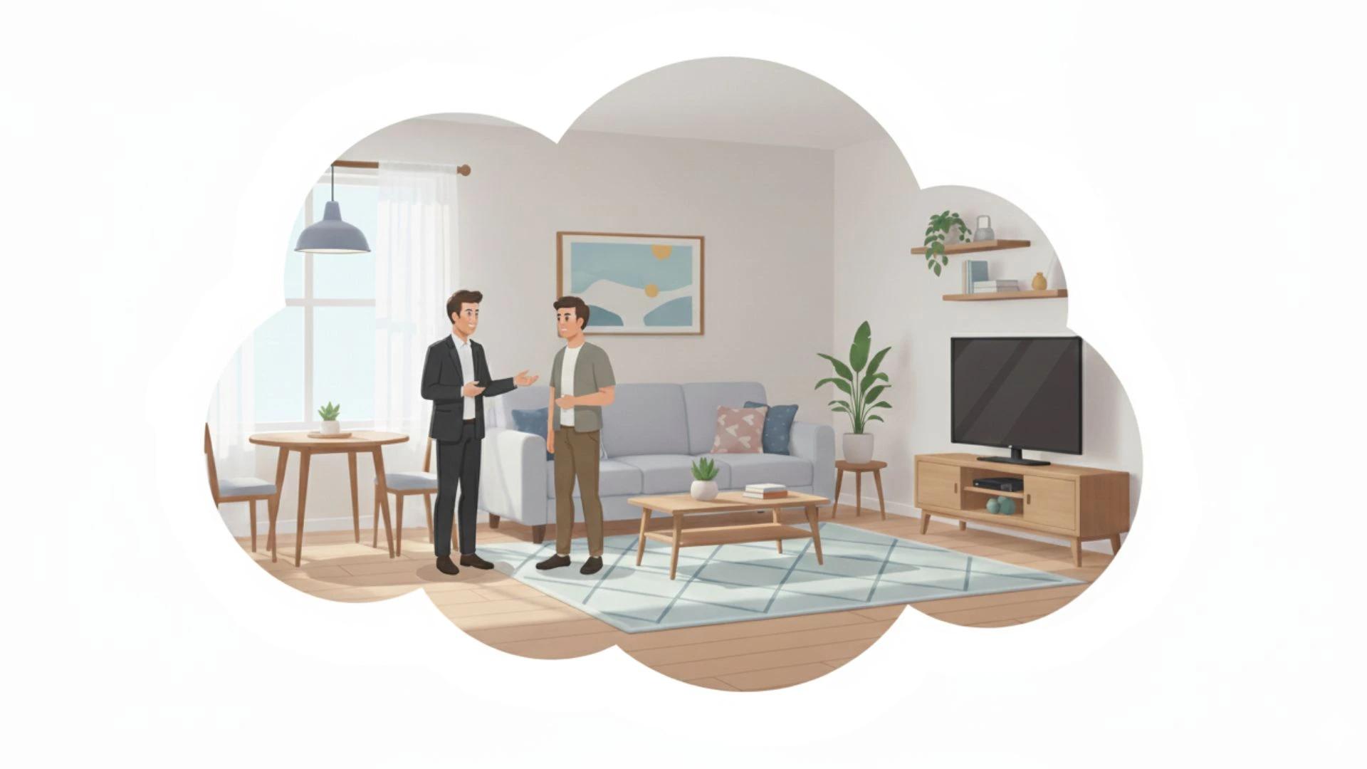 ilustração de corretor apresentando um imóvel para fechar um contrato de locação