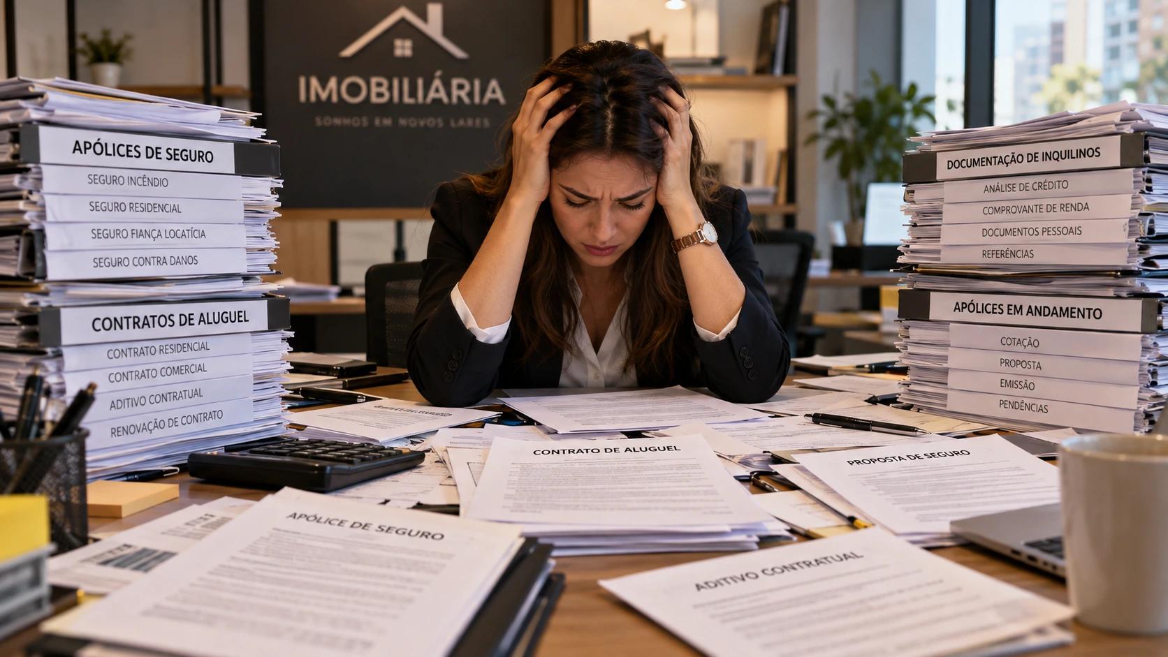 Corretor estressado em meio a vários contratos de aluguel