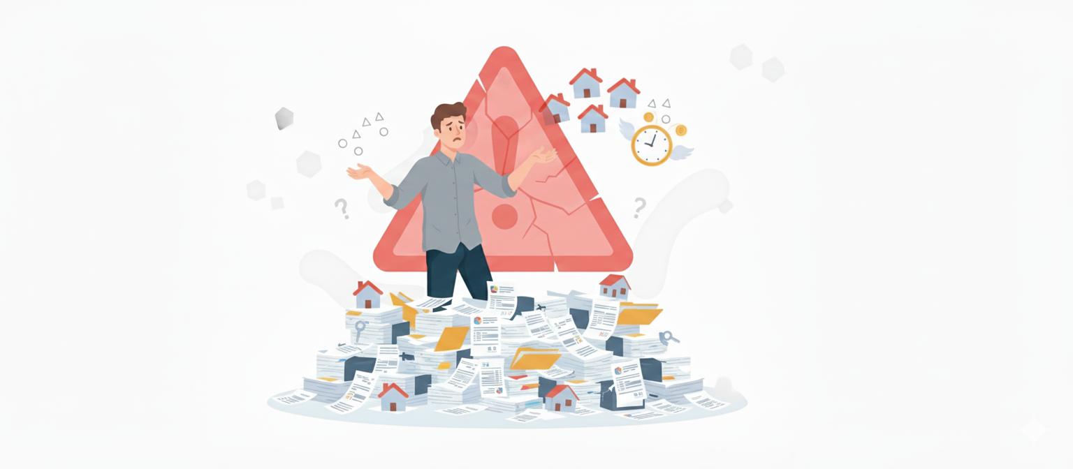 ilustração de Maurício atolado em processos atrasados pela sua administração de aluguel manual