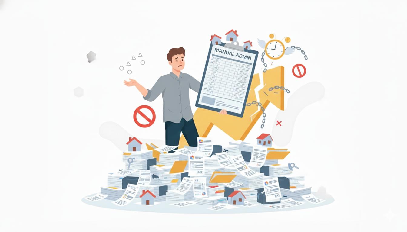 corretor frustrado com a gestão de aluguel manual segura a planilha de locação atolado em boletos de aluguel