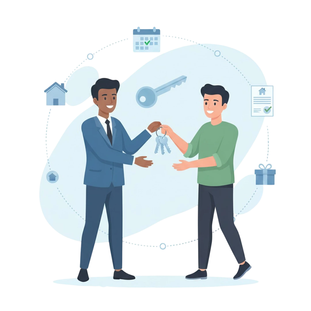 ilustração de personagens trocando chaves de imóvel após assinatura eletrônica