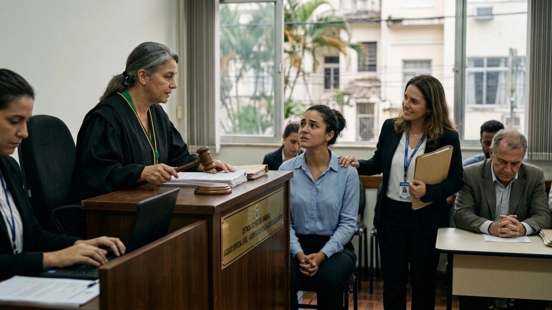 Tribunal com juíza concedendo a causa em favor do inquilino que não transfere a conta de luz