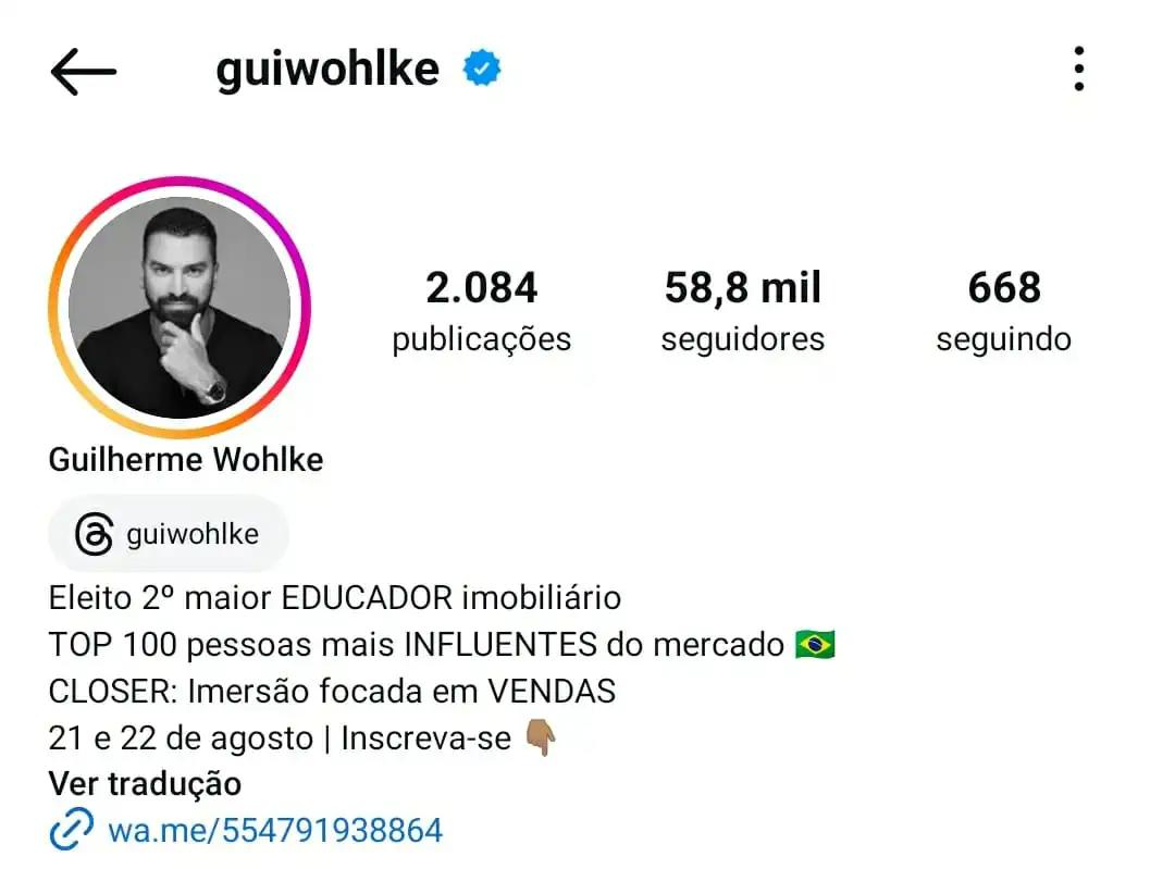 print do perfil do instagram do @guiwohlke destacando a sua biografia para corretor de imóveis