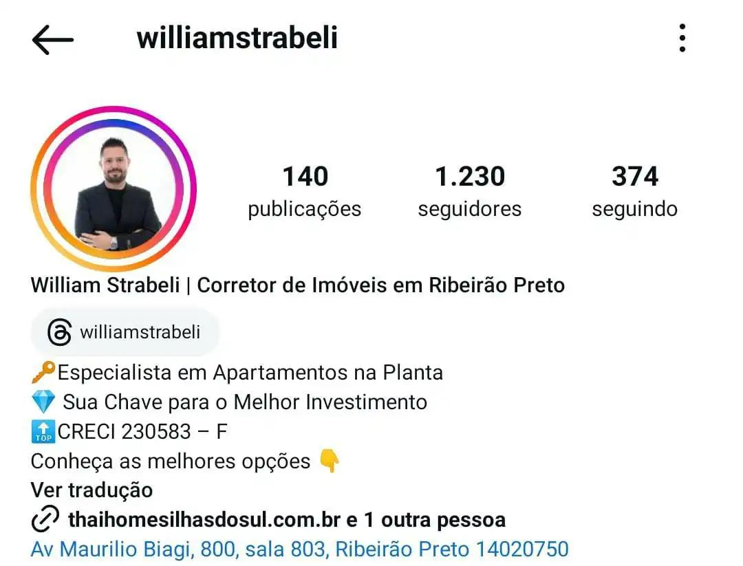 print do perfil de instagram do @williamstrabeli destacando sua biografia para corretor de imóveis