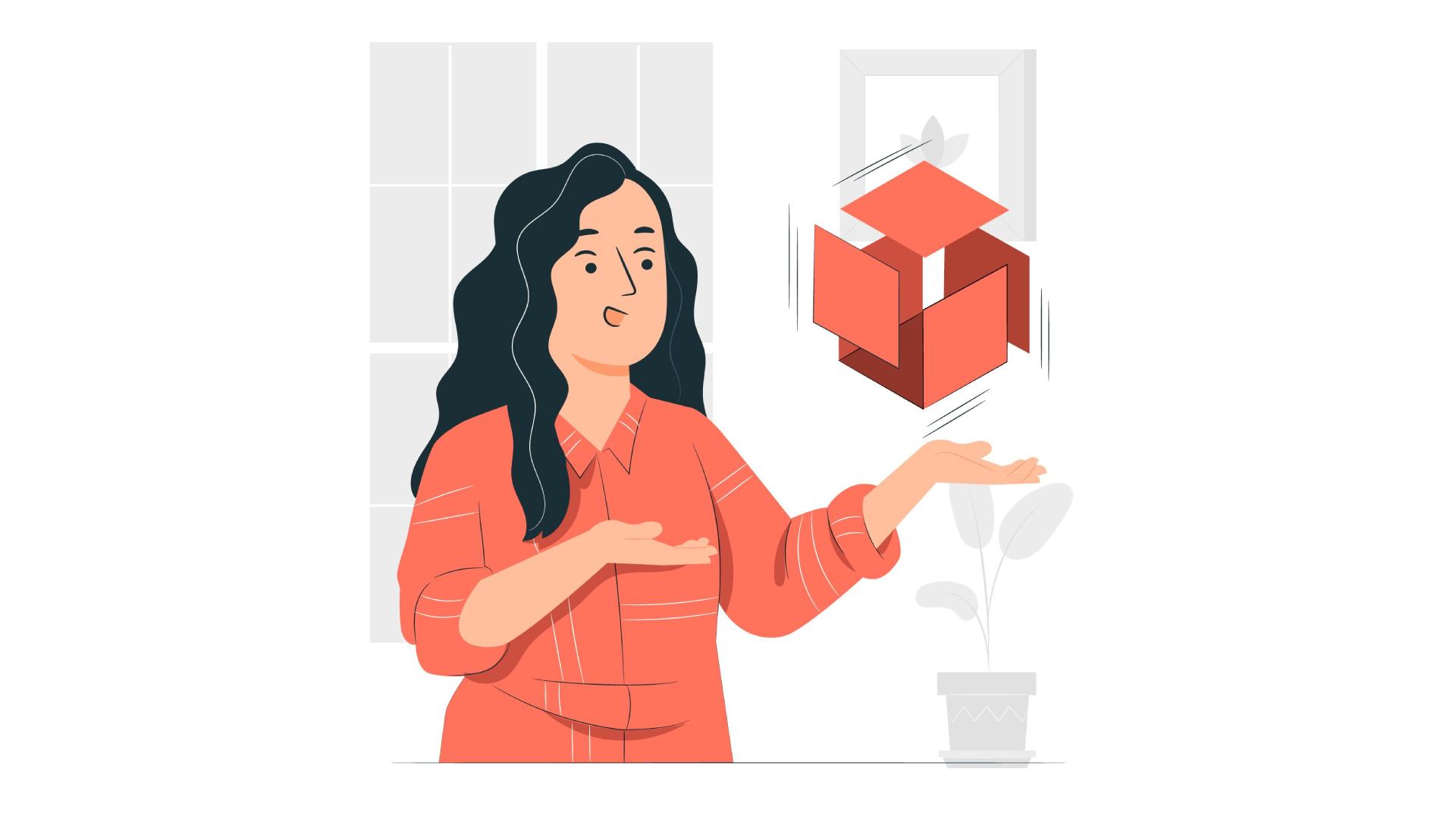 ilustração de personagem sgurando uma caixa flutuane que representa os serviços de administração de imóveis