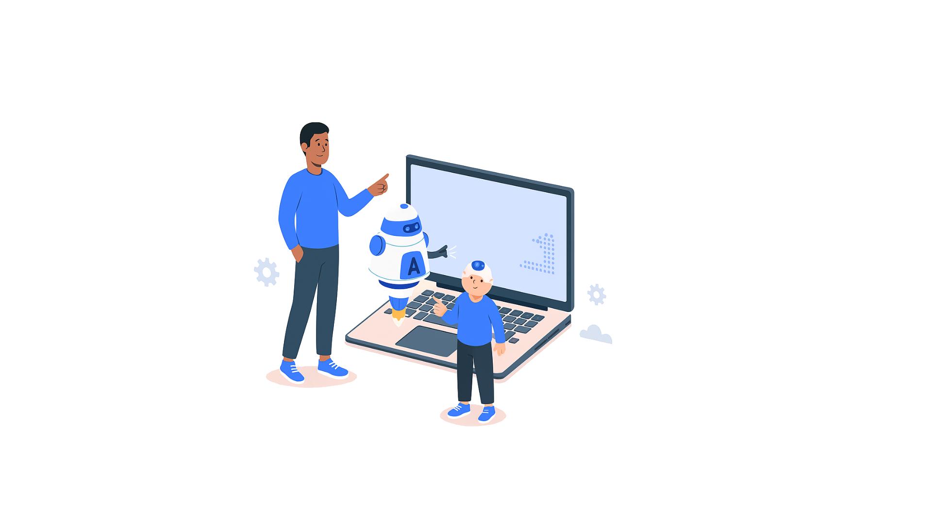 ilustração de personagens em frente a um comuputador, onde uma inteligência artificial para imobiliárias, representada por um robô, faz ajuses na tela