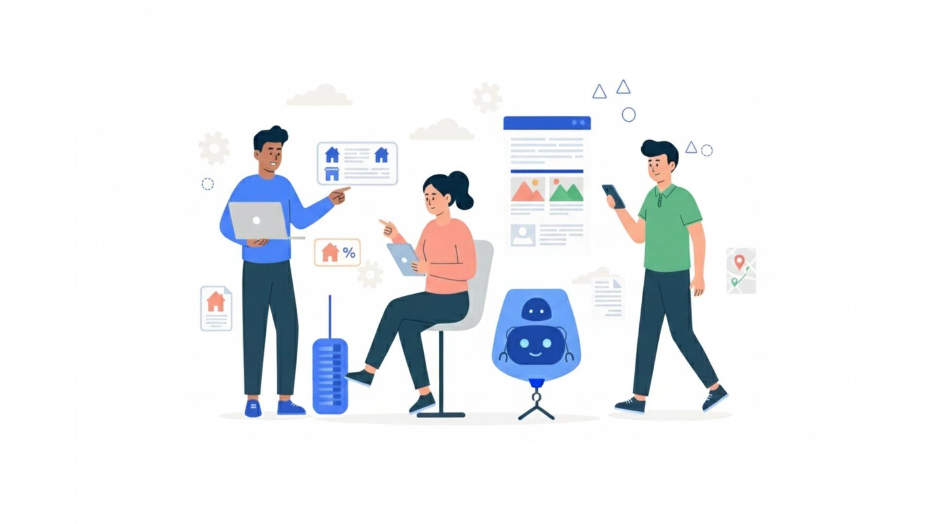 ilustração de personagens em uma equipe usando tecnologias para o mercado imobiliário na gestão de aluguel automática