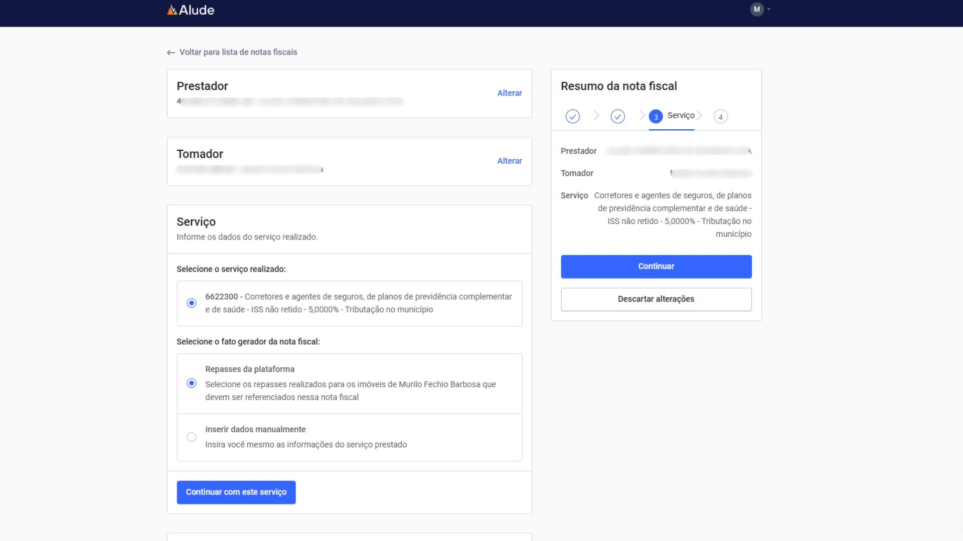 captura de tela de como emitir nota fiscal de comissão imobiliária com sistema Alude