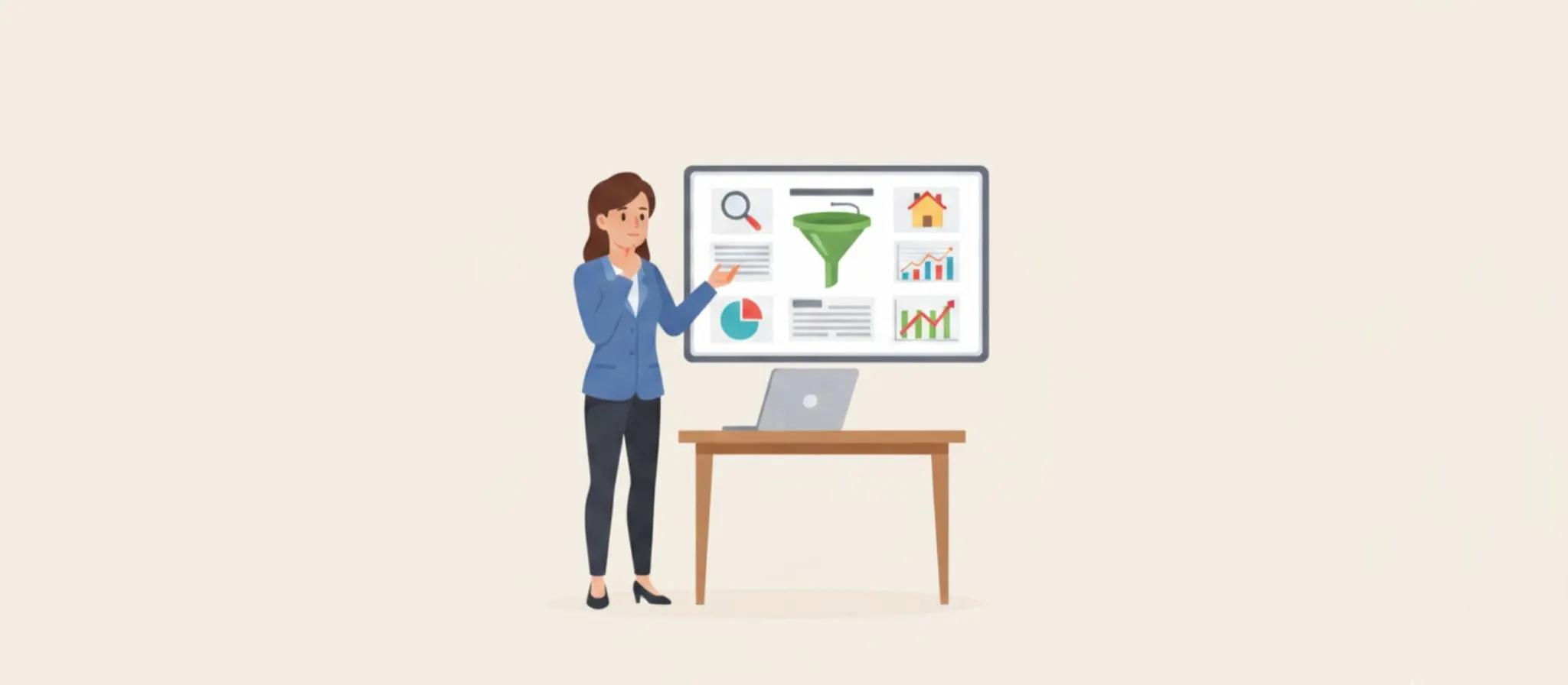 ilustração de corretora mulher ao lado de um quadro branco com vários gráficos dos seus contratos de locação