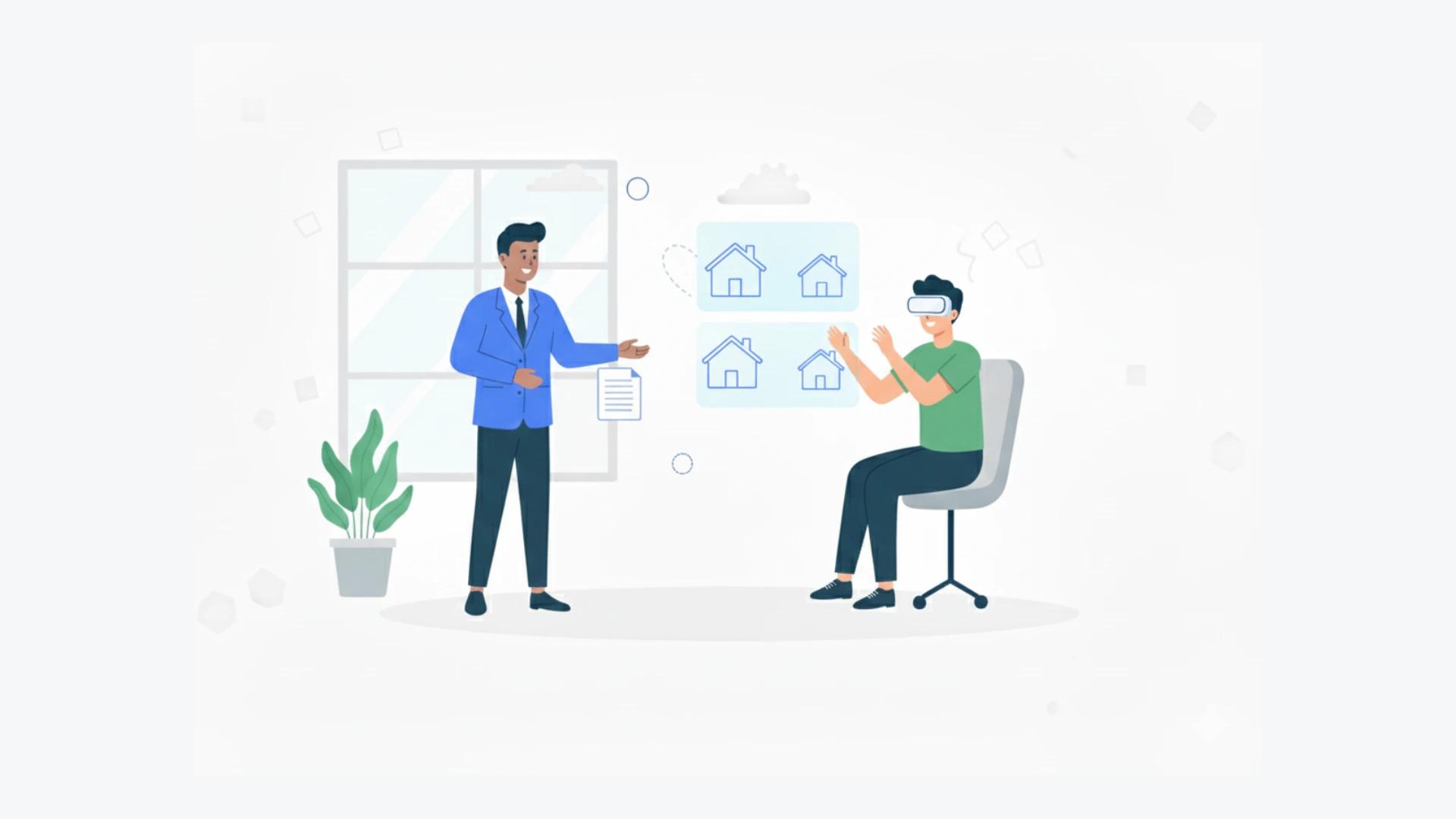 ilustração de personagens utilizando realidade virtual para imobiliaria. Um está sentado no cadeira com óculos de realidade virtual e outro em pé explicando os detalhes do imóvel