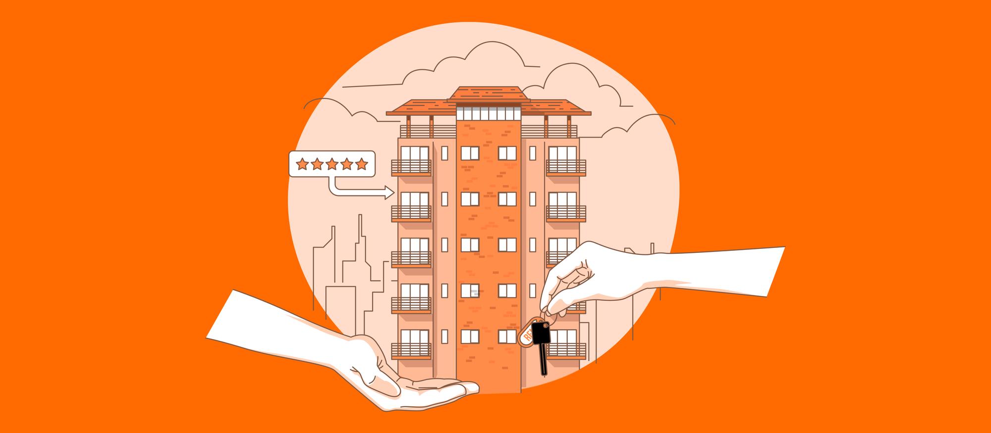 Como fazer um contrato de aluguel por temporada: ilustração de uma mão recebendo chaves de outra mão com um prédio ao fundo ondem um apartamente é destacado com 5 estrelas