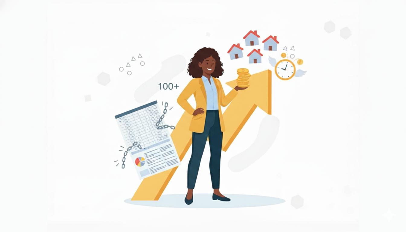 ilustração da corretora que fazia gestão de aluguel por planilha quebrando correntes da planilha em frente a um gráfico ascendente apontando para muitas casas e dinheiro