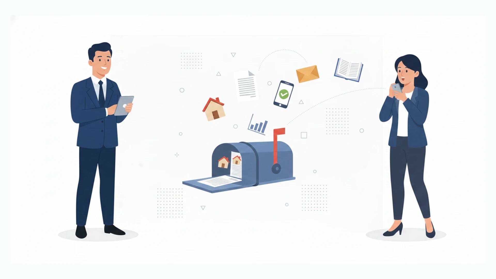 ilustração de corretores recebendo notícias e informações sobre o cadastro imobiliária brasileiro via aludenews a newsletter da Alude 