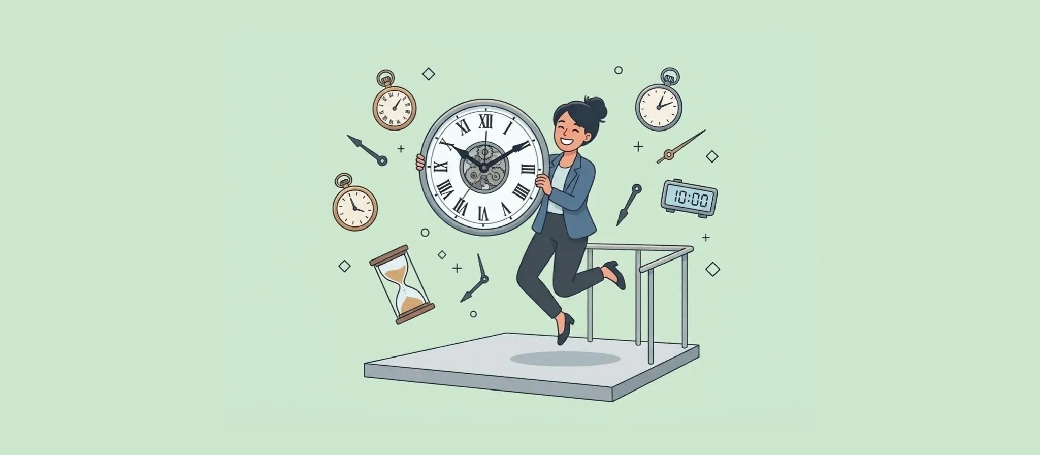 ilustração de corretora de imóveis pulando de alegria junto com o tempo que ela ganhou na gestão de locação depois de começar com a Alude