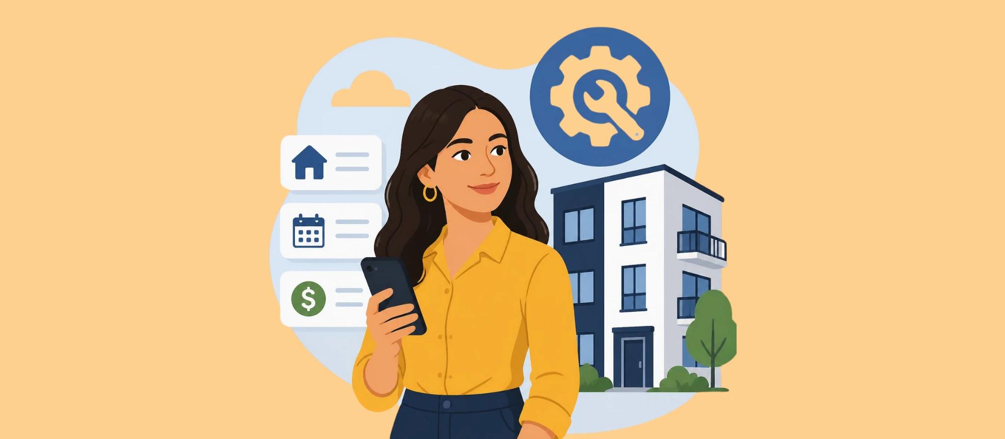 Gestão de aluguel: sistema que economiza tempo e evita erros ilustração de correora usando celular para fazer a gestão de aluguel com sistema que economiza tempo e evita erros