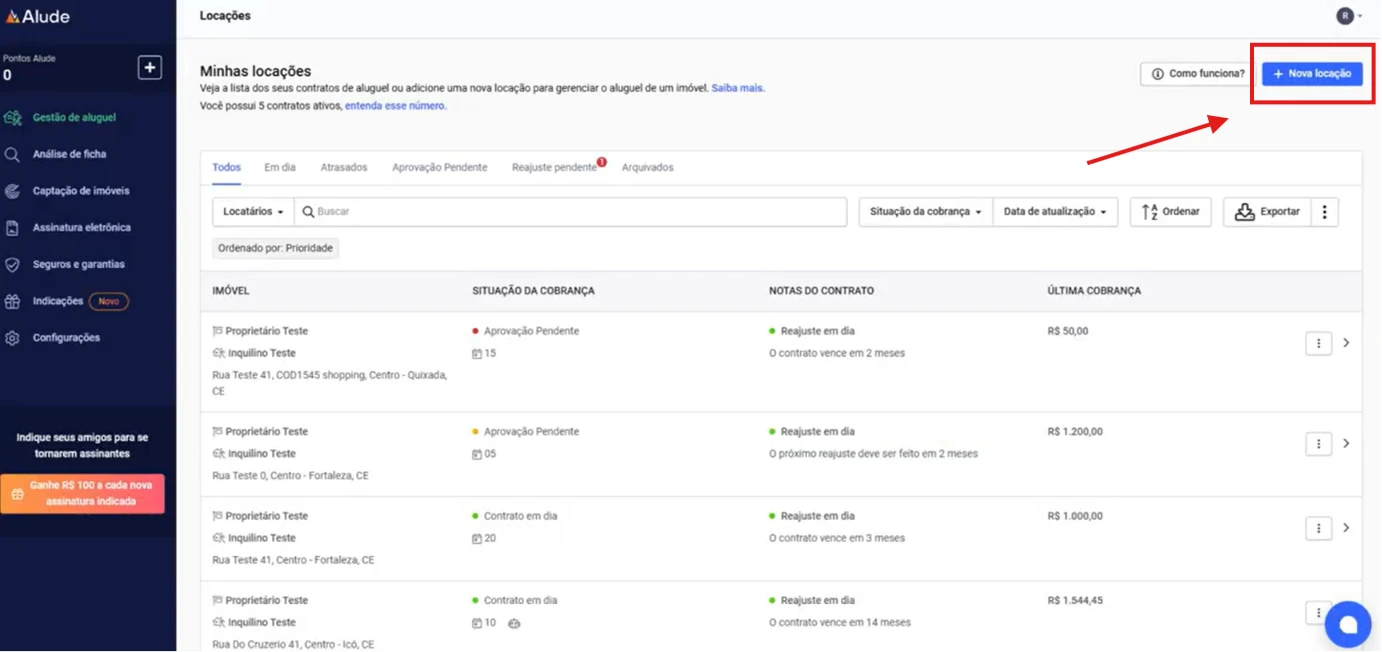 captura de tela do 1º passo para cadastrar uma locação na automação para imobiliárias da Alude. Clicar no botão azul "Nova locação" no canto superior direito