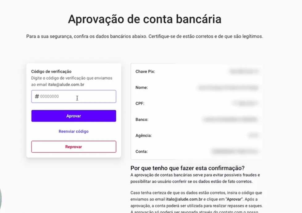 o 5º passo para cadastar proprietários na automação para imobiliárias da Alude é confirmar e parovar a conta bancária