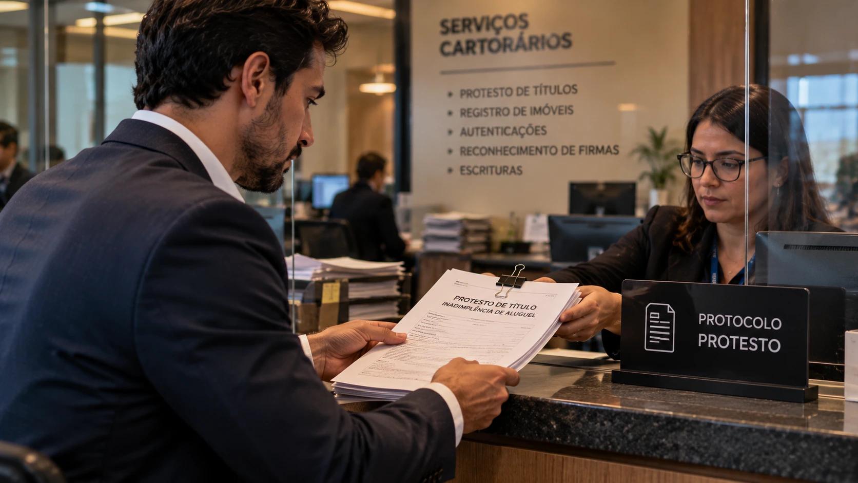 Corretor de imóveis protestando um contrato de aluguel no cartório