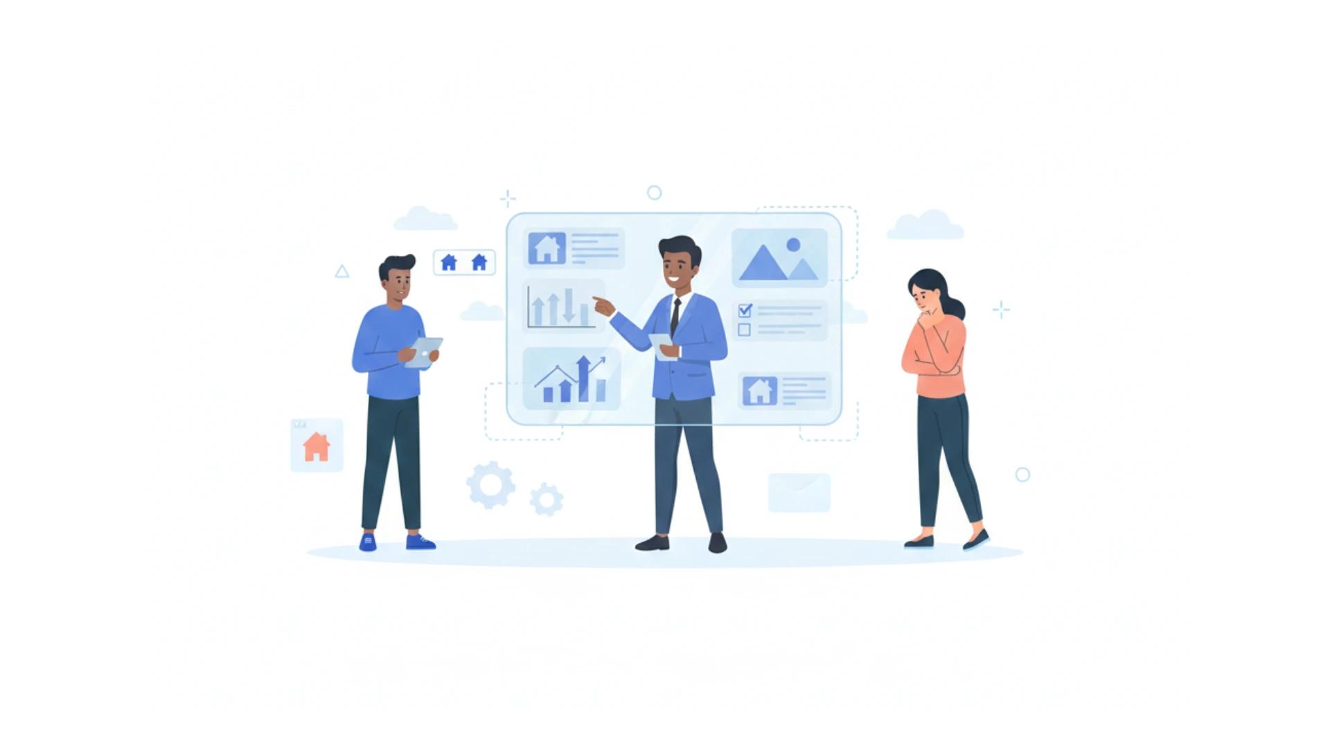 ilustração de corretores falando sobre reforma tributária 2026 analisando gráficos em uma tela flutuante