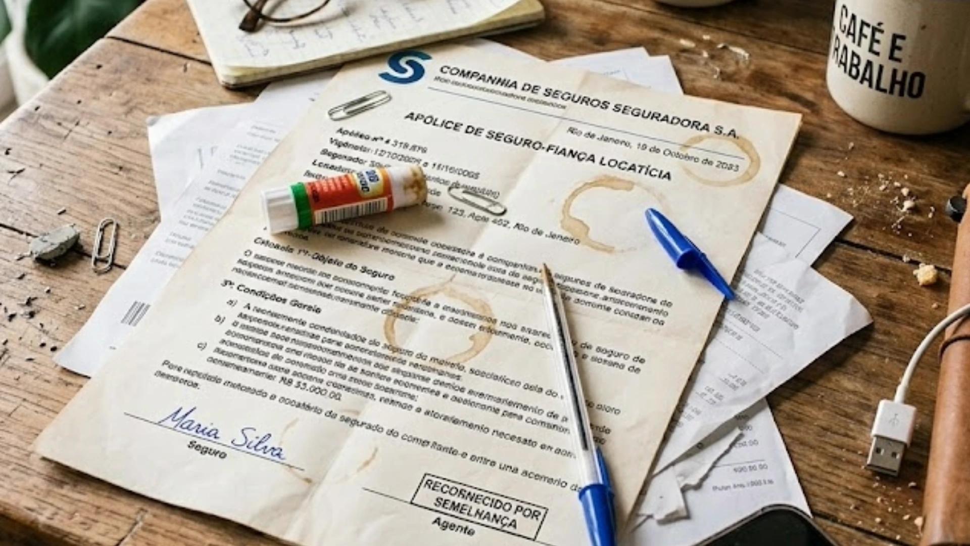 imagem de contrato com seguradora da locação sobre uma mesa de madeira bagunçada