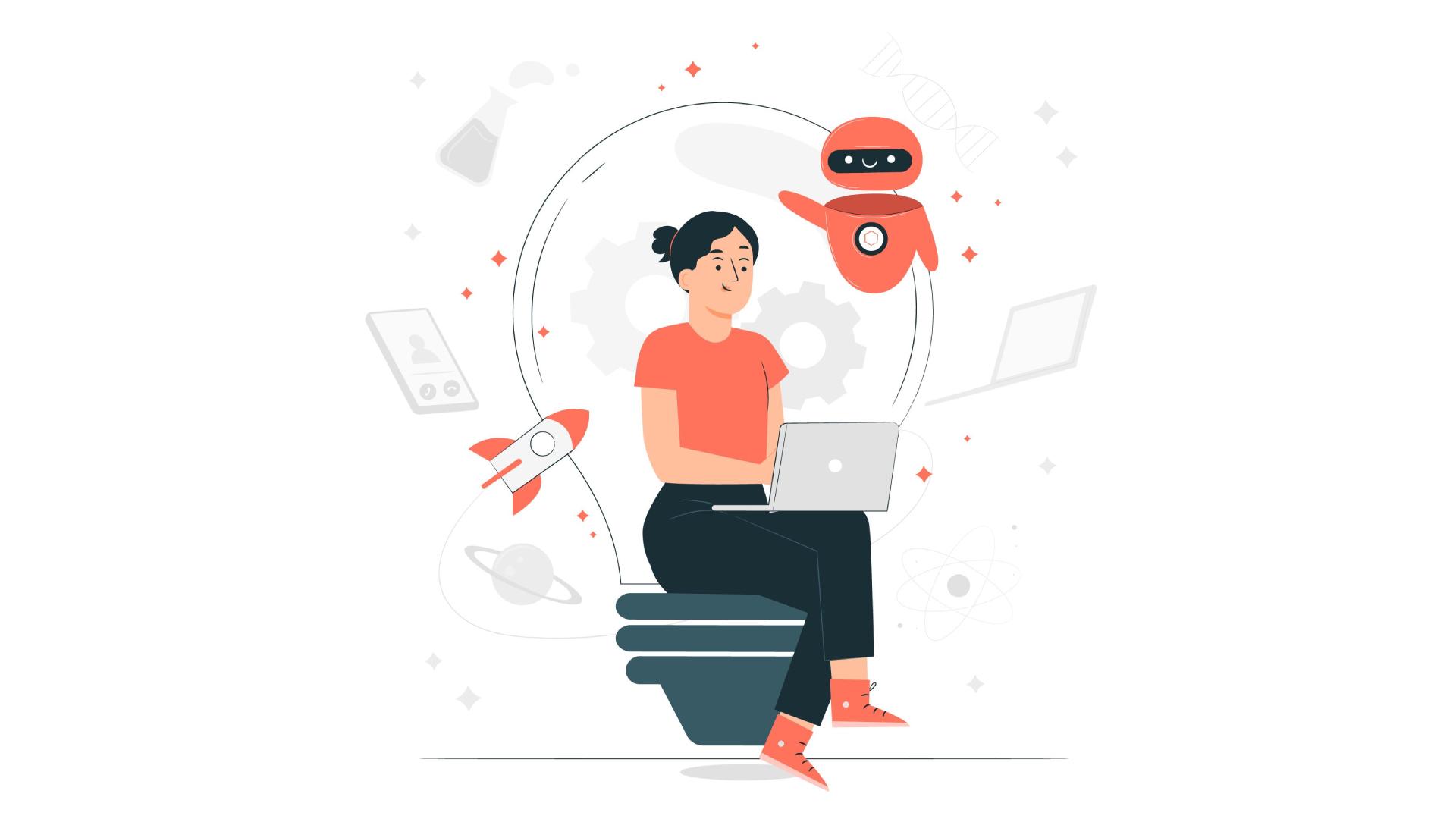 ilustraçao de personagem fazendo administração de imóveis em um computador ao lado de um robo de automatização