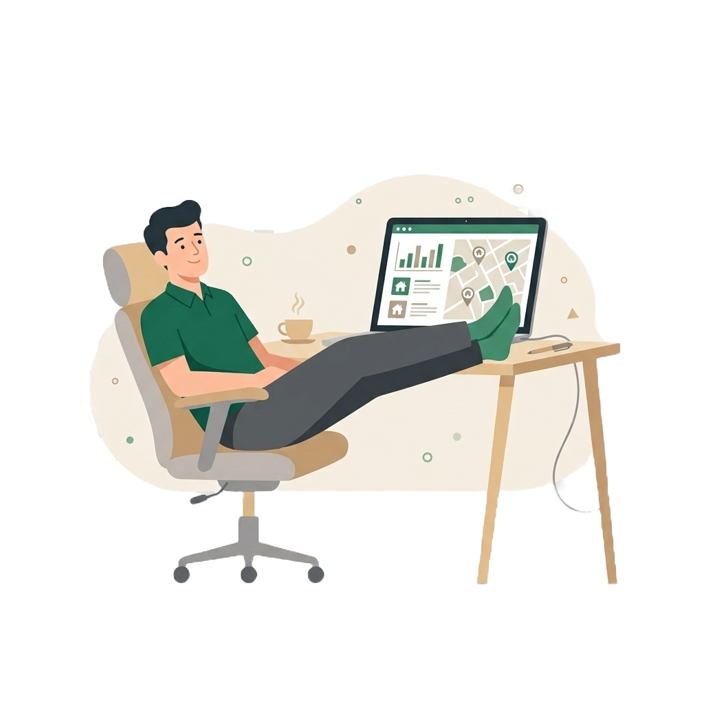 CTA Assinatura corretor de imóveis relaxando na mesa do eescritório enquanto o sistema trabalha sozinho nas locações
