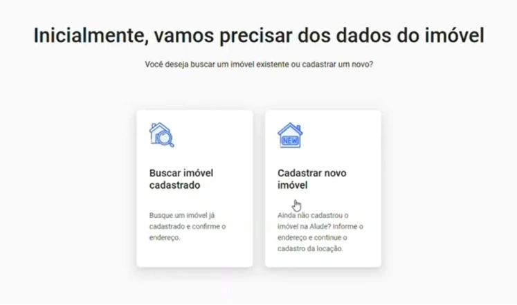 captura de tela do 2º passo para cadastrar uma locação na automação para imobiliária da Alude. Selecione "cadastrar novo imóvel"