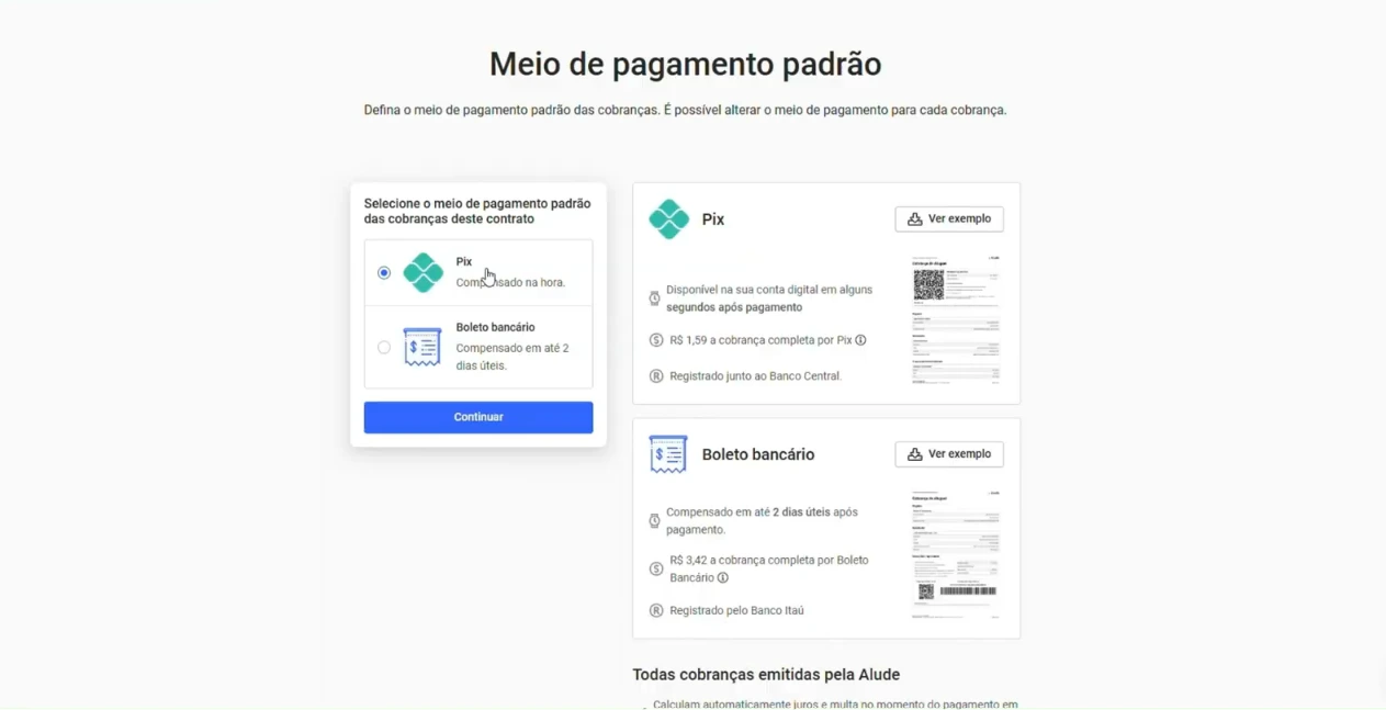 captura de tela do 5º passo para cadastrar uma locação na automação para imobiliárias da Alude. Escolher método de pagament dos locatários. Boleto ou PIX