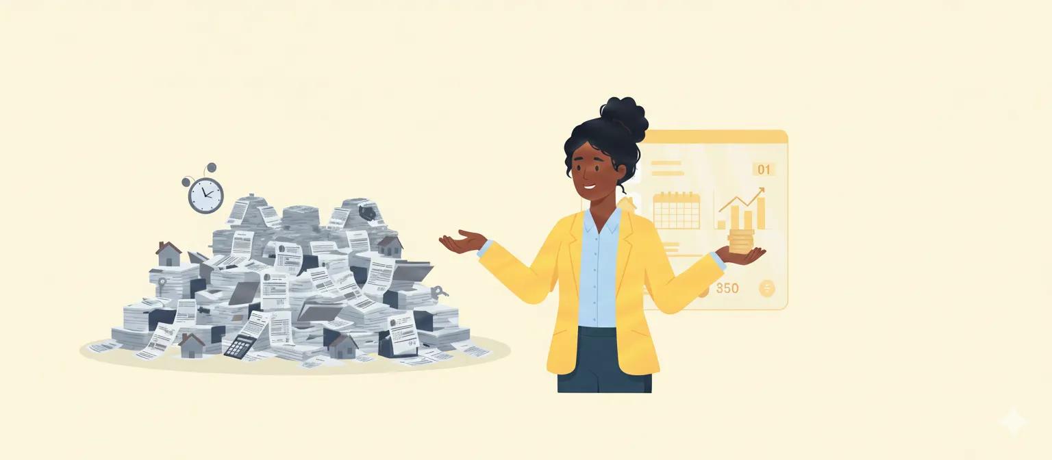 ilustração do estudo de caso da Alude na gestão de aluguel da imobiliária Fran di Paula. Uma personagem corretora no centro da tela divide a cena ao fundo em antes e depois. Na esquerda uma pilha de boletos e um relógio despertando, à direita uma tela de sistema de gestão de aluguel com dinheiro