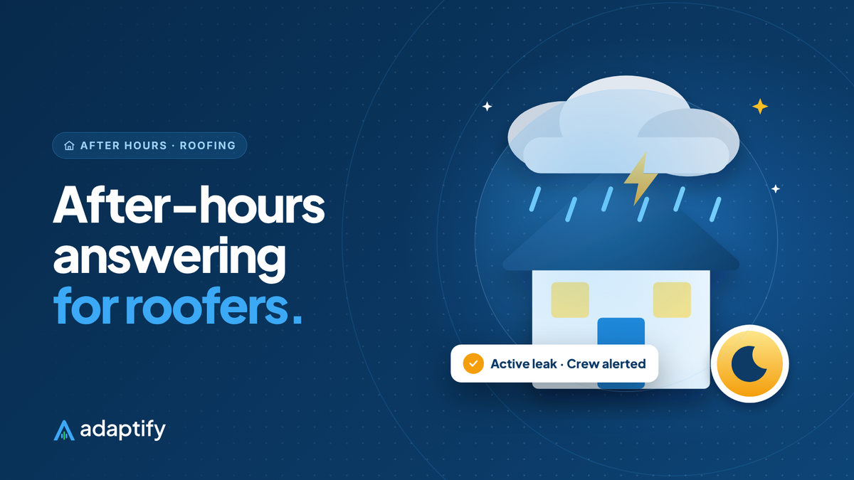 After-hours answering service for roofing companies illustration: a house under a storm cloud with an after-hours moon badge