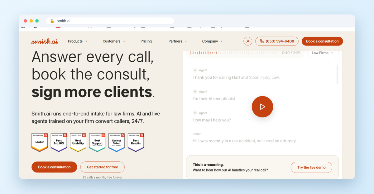 Smith.ai homepage hero: Answer every call, book the consult, sign more clients, with AI and live agents for law firms