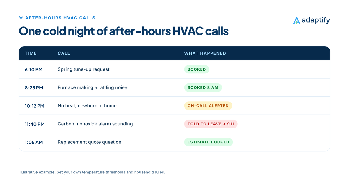 Timeline of a cold night of after-hours HVAC calls: a 6 PM tune-up booked, an 8 PM noisy furnace booked for morning, a 10 PM no-heat call with an infant in the home escalated to the on-call tech and an 11 PM carbon monoxide alarm call told to leave and call 911