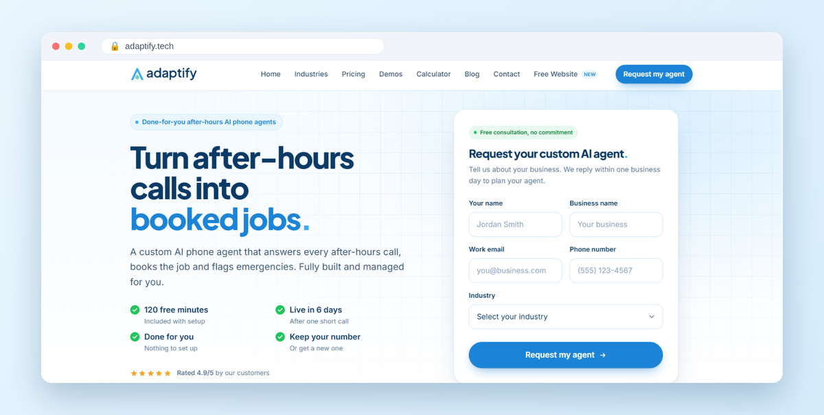Adaptify homepage hero: Turn after-hours calls into booked jobs, with a form to request a custom AI agent